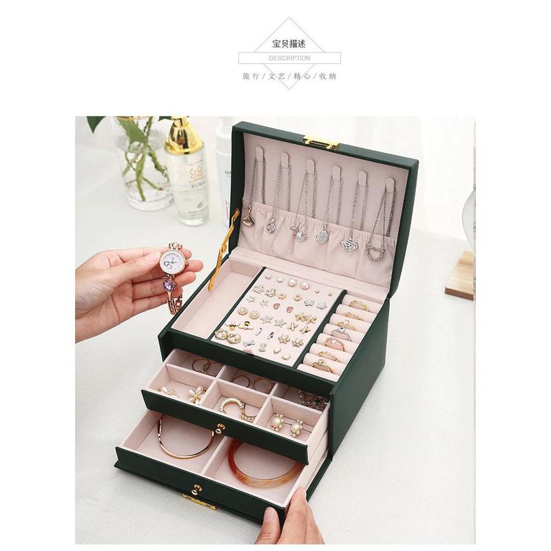 Lockbox Key Secure - กล่องใส่เครื่องประดับหนัง PU สามลิ้นชักพร้อมกุญแจล็อคเพื่อความปลอดภัย, กล่องเก็บต่างหู แหวน สร้อยคอแบบพกพา