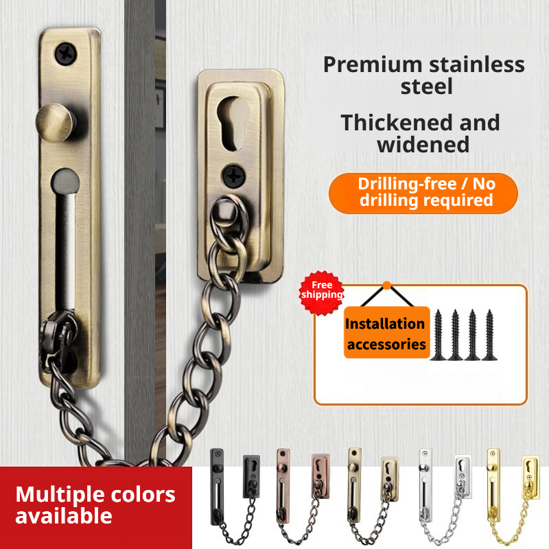 Security Chain Door - ล็อคโซ่ประตูสแตนเลสป้องกันการโจรกรรม, ล็อคแบบกดสปริง, ตัวล็อคประตูแบบขัดเงาสำหรับงานหนักพร้อมสกรู