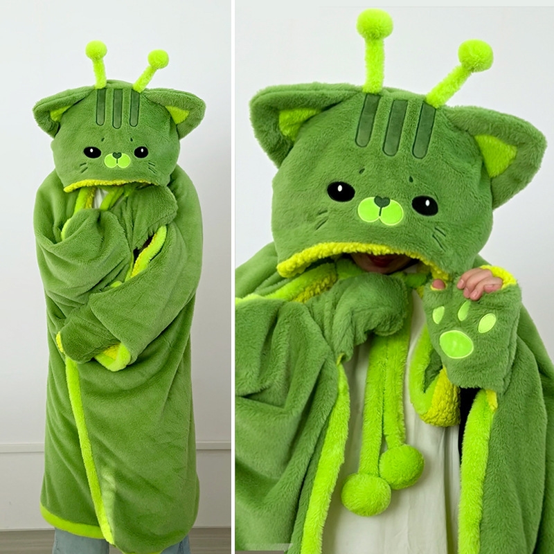 Fire Blanket Kitchen - ผ้าห่มคลุมตัวลายการ์ตูนแมวเอเลี่ยนน่ารัก ผ้าพลัฌสำหรับฤดูหนาว สีเขียว ผ้าฟลานเนล ชุดคลุมแบบสวมใส่ได้ พร้อมถุงมือ