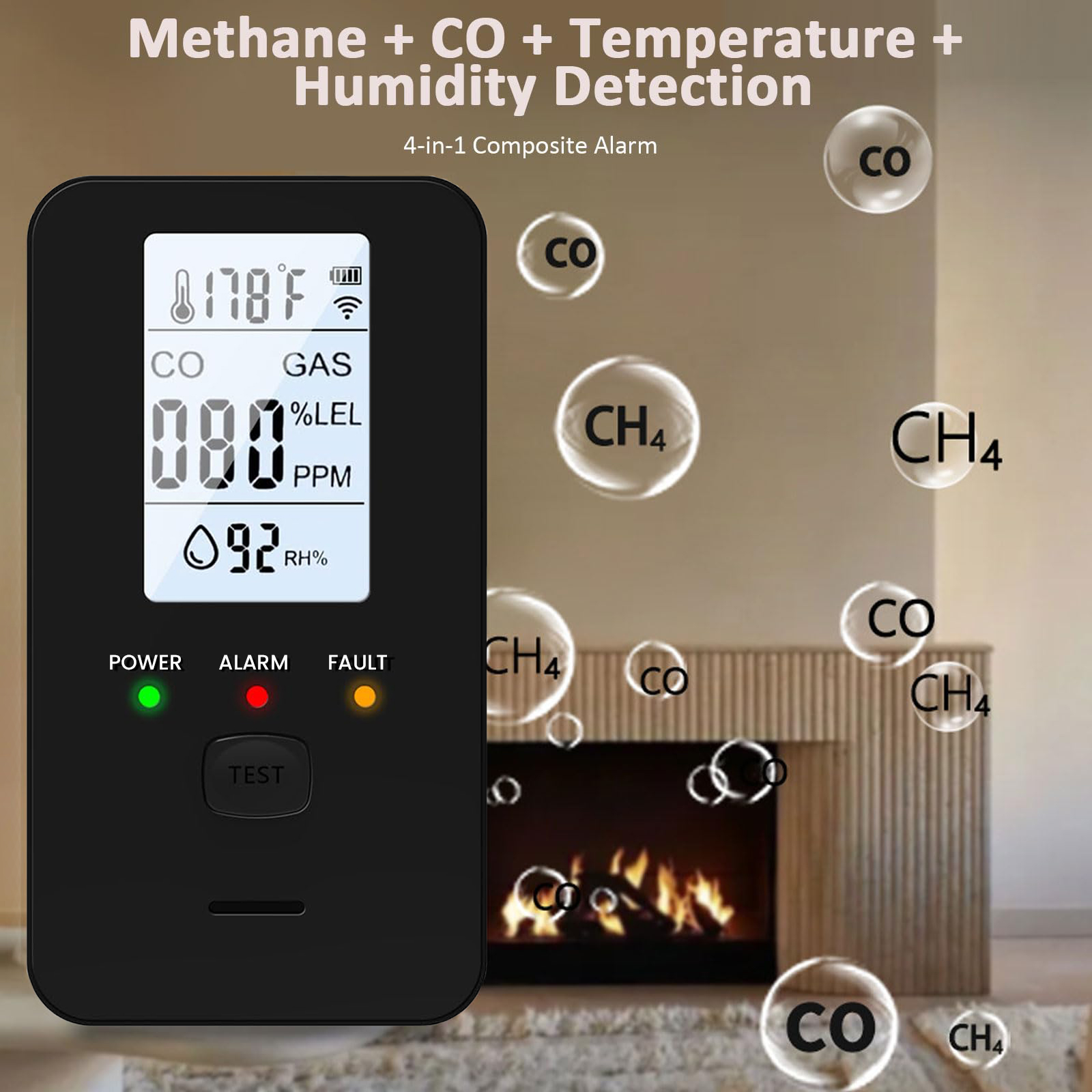 Co Detector Plug - เครื่องตรวจจับก๊าซและคาร์บอนมอนอกไซด์ 4-in-1 แบบเสียบปลั๊ก พร้อมจอแสดงผล LED สีสันสดใส