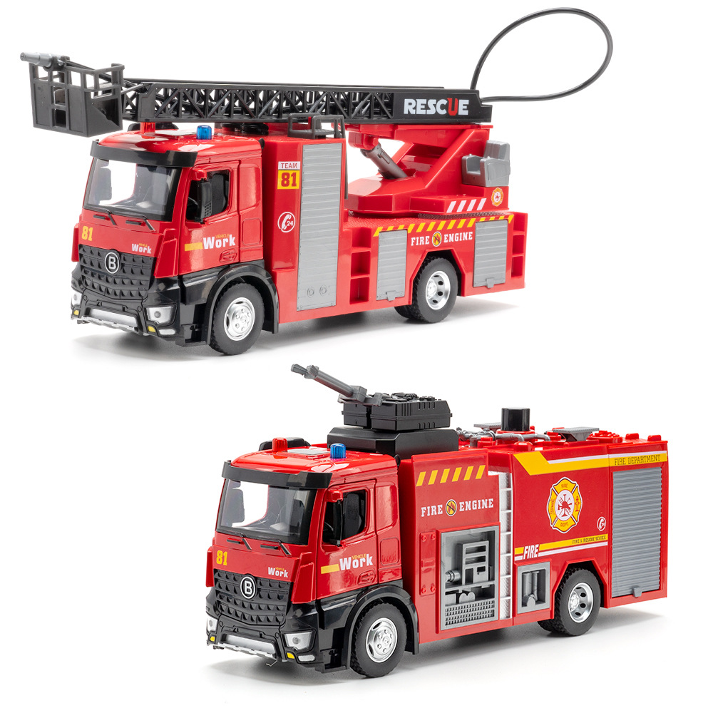 Fire Escape Ladder - รถบรรทุกดับเพลิงแบบมีบันไดขึ้นลง ขนาด 1:18 ผลิตจากโลหะผสม พร้อมหัวฉีดน้ำ ของเล่นรถแบบหล่อขึ้นรูป